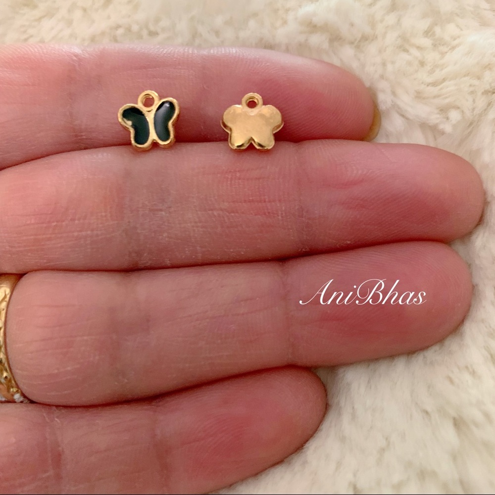 2 Black Dainty Gold Tone Butterfly Enamel Charms